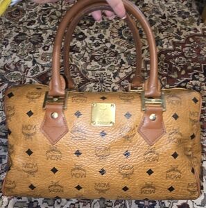 MCM Tan Leather Satchel with Gold Details